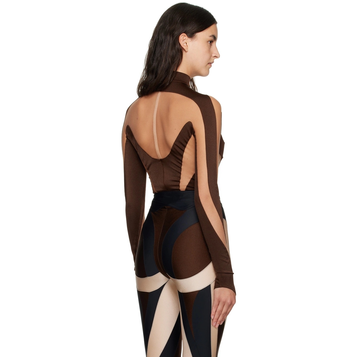 Mugler Brown Illusion Neckline Mesh Cutout Bodysuit Size 12 — image 2 of 8